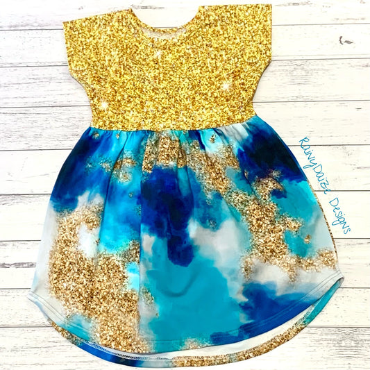 Blue and Gold Peplum Dress